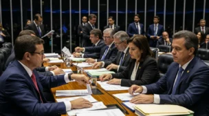 Imagem de uma sala de votação no Congresso, deputados e senadores com expressão de expectativa, ambiente sério com tons de cinza e azul, documentos dispersos na mesa. Palavra-chave: regulamento ibs cbs deve.