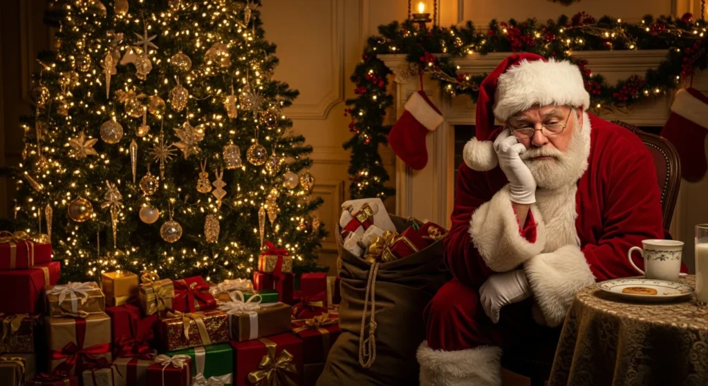A Verdade Chocante por Trás do Sorriso do Papai Noel: Médico Revela a Síndrome de Burnout Natalina e o Presente Inesperado que Todos Precisam. 1 Papai Noel cansado sentado em sala natalina, simbolizando síndrome burnout papai noel e sobrecarga emocional