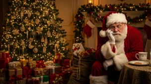 Papai Noel cansado sentado em sala natalina, simbolizando síndrome burnout papai noel e sobrecarga emocional