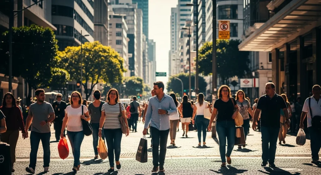 Confiança do Consumidor no Brasil Dispara em Dezembro: Maior Nível desde 2022! O que a FGV revela sobre o otimismo? 1 Rua movimentada no centro de uma cidade brasileira com consumidores confiantes e sorridentes, simbolizando confiança consumidor brasil sobe