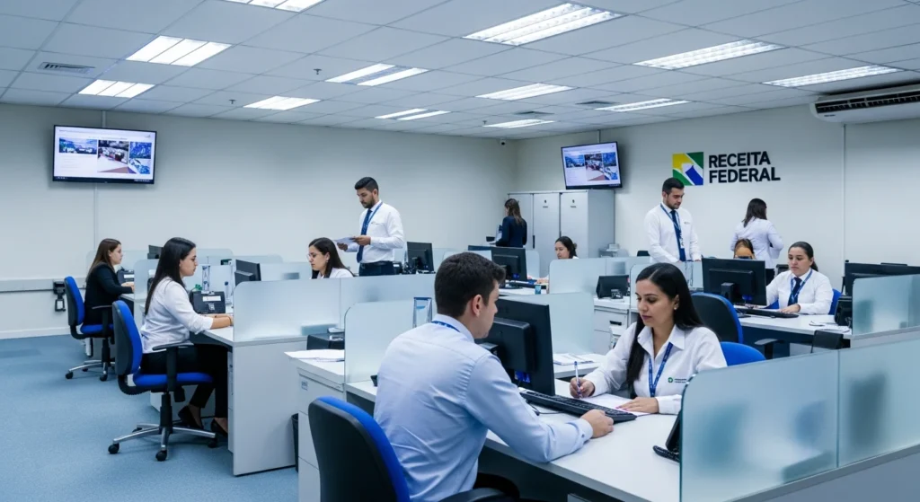 Receita Federal Revela Novas Regras de Tributação para Imóveis: Entenda as Diferenças entre Locação Residencial e Não Residencial e Evite Erros Fiscais! 1 Agência da Receita Federal com funcionários atendendo contribuintes, documentos e uma tela digital com novas regras fiscais, em cores sóbrias.