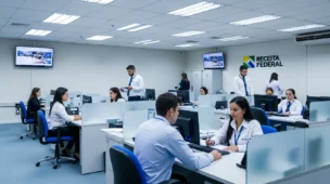 Agência da Receita Federal com funcionários atendendo contribuintes, documentos e uma tela digital com novas regras fiscais, em cores sóbrias.
