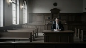 Imagem de um juiz no tribunal em foco, sala vazia ao fundo, transmitindo seriedade, relacionada a juiz sc extingue execução
