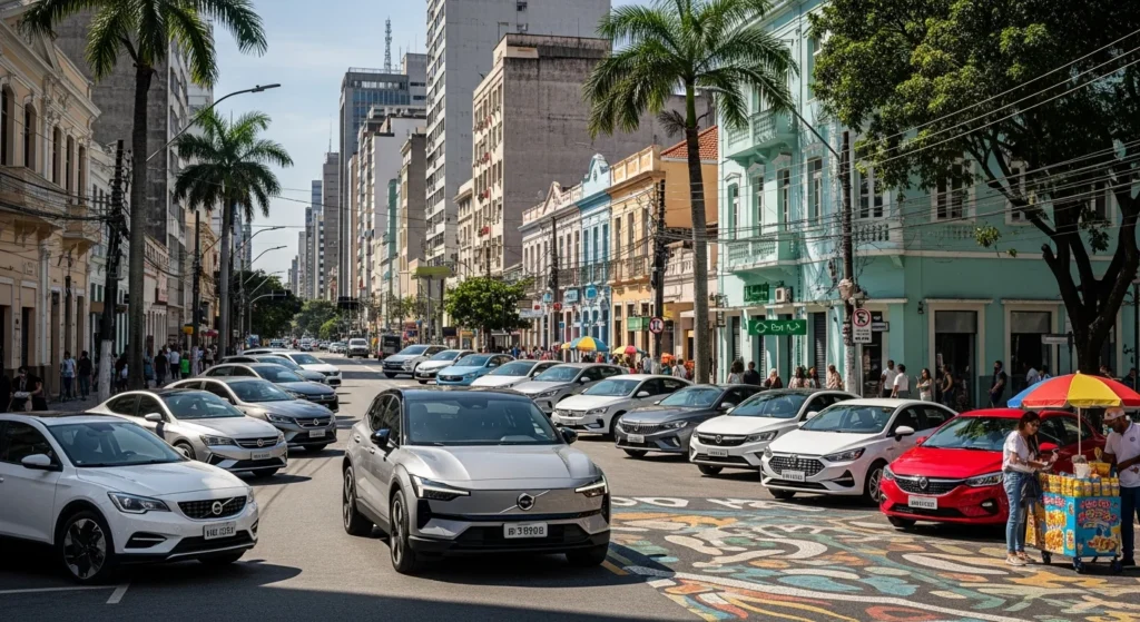 Descubra o mapa dos carros elétricos mais vendidos no Brasil: Qual modelo domina seu estado? A liderança do Volvo EX30 vai te surpreender! 1 Cena de rua brasileira com diversos carros elétricos, destacando o Volvo EX30 e a diversidade regional