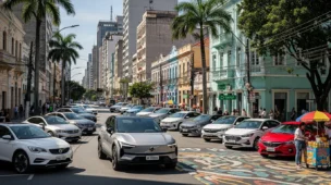 Cena de rua brasileira com diversos carros elétricos, destacando o Volvo EX30 e a diversidade regional