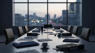 Sala de assembleia vazia ao entardecer com documentos dispersos e janela com vista urbana, representando reforma tributária que antecipar.