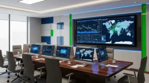Sala moderna de reunião com computadores, telas e gráficos, representando a condecine remessa e o setor audiovisual