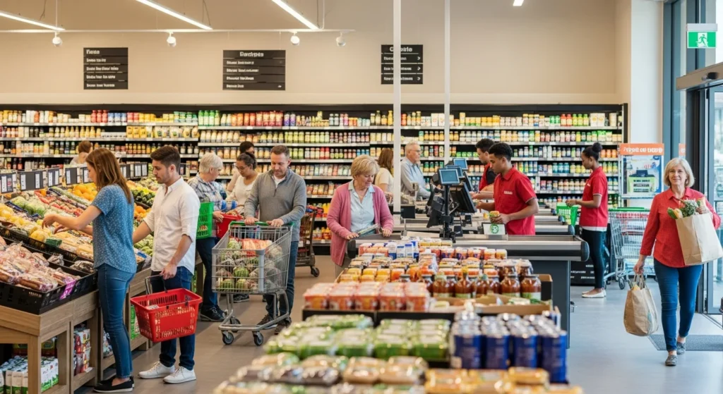 Desvende a Reforma Tributária: Saiba Exatamente Onde o IBS Incide nas Suas Aquisições de Mercadorias e Evite Erros Fiscais! 1 Imagem de uma loja de supermercado com clientes escolhendo produtos, destacando guia completo reforma tributária