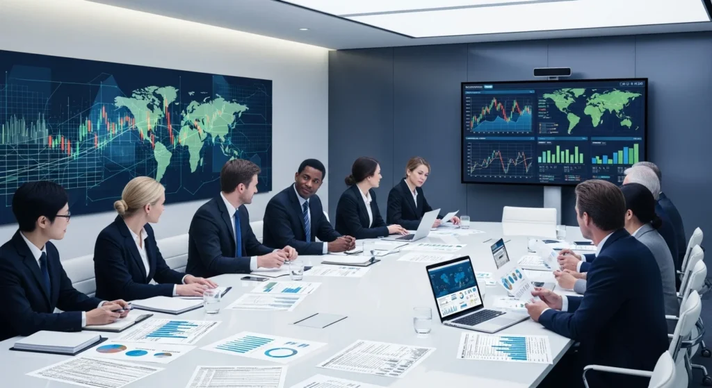 Imagem de empresários atentos discutindo reforma tributária 2026 em sala moderna com gráficos e documentos fiscais