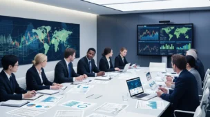 Imagem de empresários atentos discutindo reforma tributária 2026 em sala moderna com gráficos e documentos fiscais
