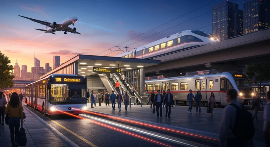 Reforma Tributária no Transporte: Como IBS e CBS Vão Mudar Seus Custos e Operações em Todos os Modais, do Urbano ao Aéreo Regional! 1 Imagem de rascunho mostrando estação de transporte com ônibus, metrô, trem e avião ao fundo