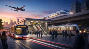 Imagem de rascunho mostrando estação de transporte com ônibus, metrô, trem e avião ao fundo