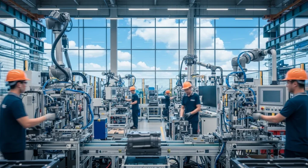 Imagem de rascunho mostrando uma fábrica moderna com máquinas, operários e céu azul ao fundo
