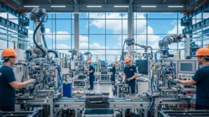 Imagem de rascunho mostrando uma fábrica moderna com máquinas, operários e céu azul ao fundo