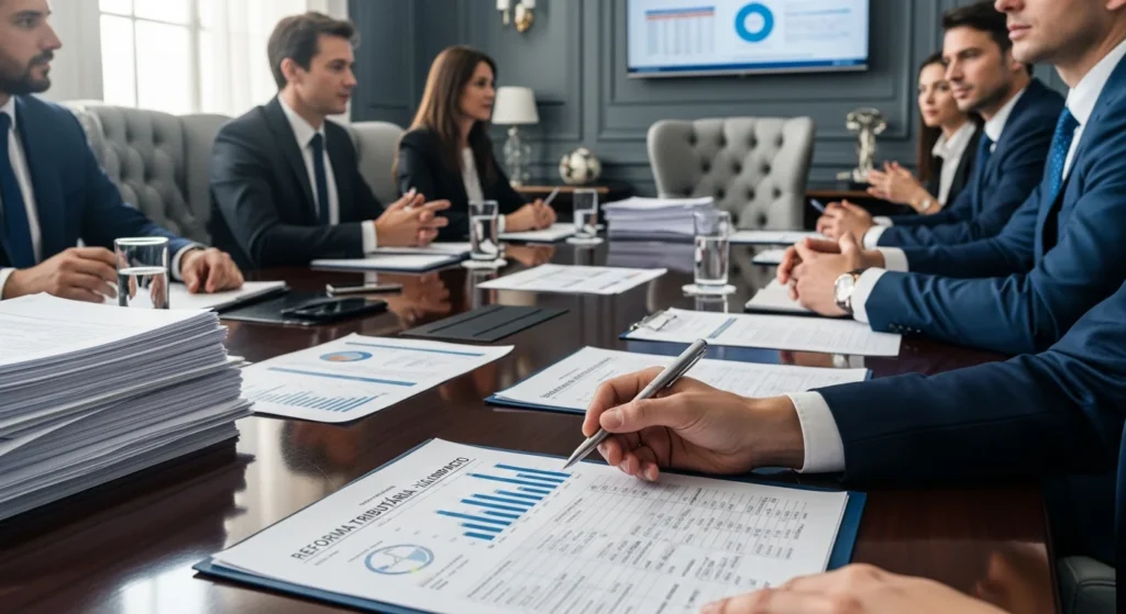 Reforma Tributária: O pagamento antecipado de IBS e CBS é constitucional? Entenda as novas regras e evite surpresas fiscais no Brasil. 1 Imagem de reunião corporativa com empresários e advogados discutindo reforma tributária e pagamento antecipado