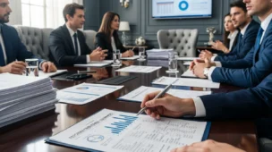 Imagem de reunião corporativa com empresários e advogados discutindo reforma tributária e pagamento antecipado