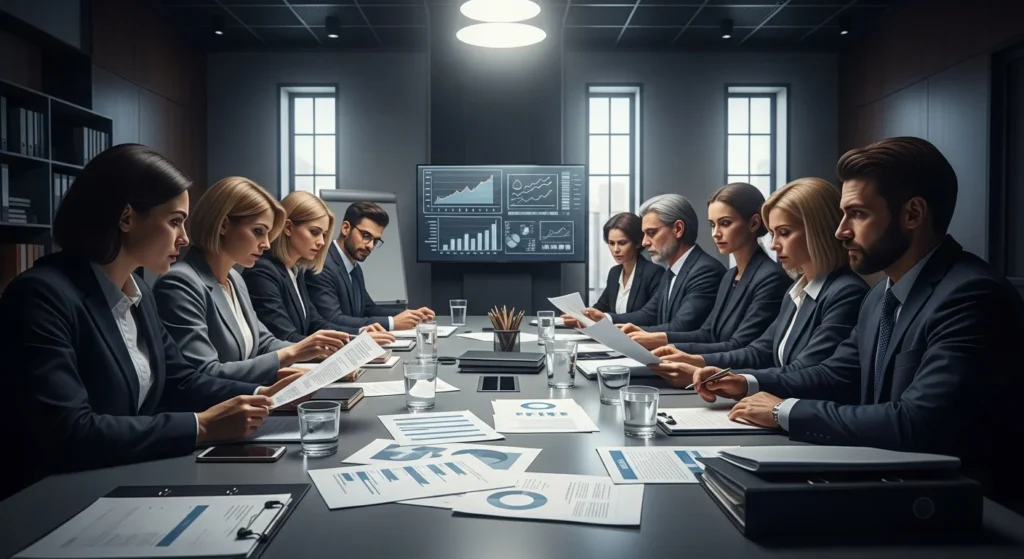 Guerra Tributária no STF: CNI desafia Reforma e a nova tributação de lucros e dividendos, impactando o futuro das empresas brasileiras! 1 Imagem de reunião empresarial com documentos e gráficos, refletindo a controvérsia sobre a reforma tributária e a CNI contestando no STF