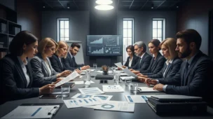 Imagem de reunião empresarial com documentos e gráficos, refletindo a controvérsia sobre a reforma tributária e a CNI contestando no STF