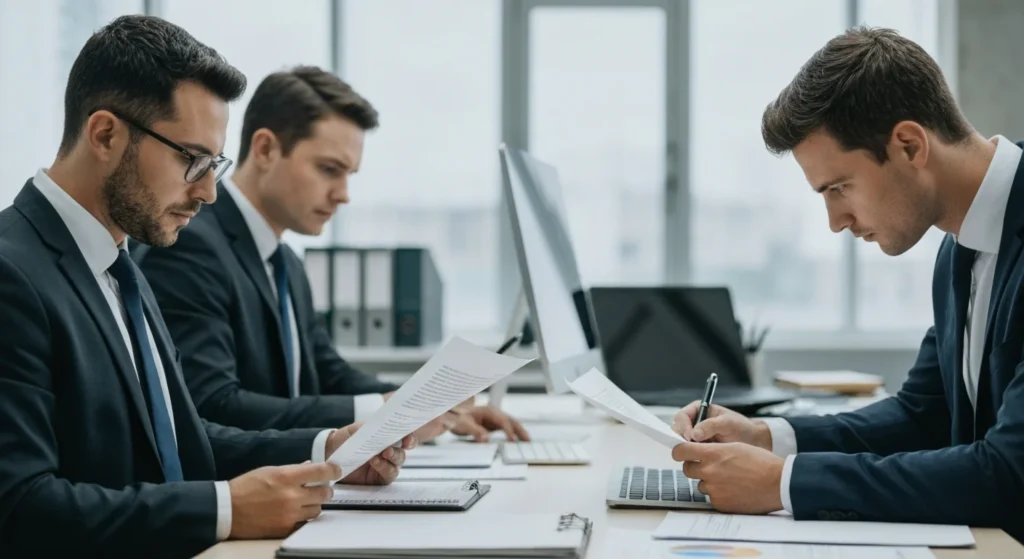 Reforma Tributária para Advogados: O Guia Definitivo para Entender o IVA Dual e Blindar seu Escritório de Perdas Financeiras com Estratégias Inteligentes. 1 Cena de escritório de advocacia com advogados analisando documentos fiscais relacionados à reforma tributária advogados como