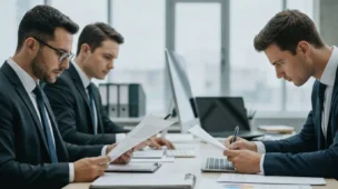 Cena de escritório de advocacia com advogados analisando documentos fiscais relacionados à reforma tributária advogados como