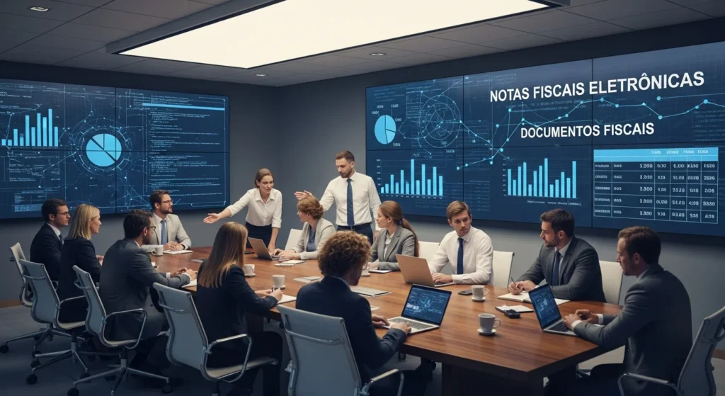 Reforma do Consumo em Foco: Encat Lança Novas Notas Técnicas que Transformam a Emissão de Documentos Fiscais Eletrônicos no Brasil! Prepare-se para as Mudanças Cruciais! 1 Sala de reuniões moderna com profissionais discutindo reformas de consumo e notas técnicas fiscais