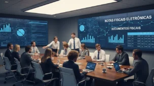Sala de reuniões moderna com profissionais discutindo reformas de consumo e notas técnicas fiscais