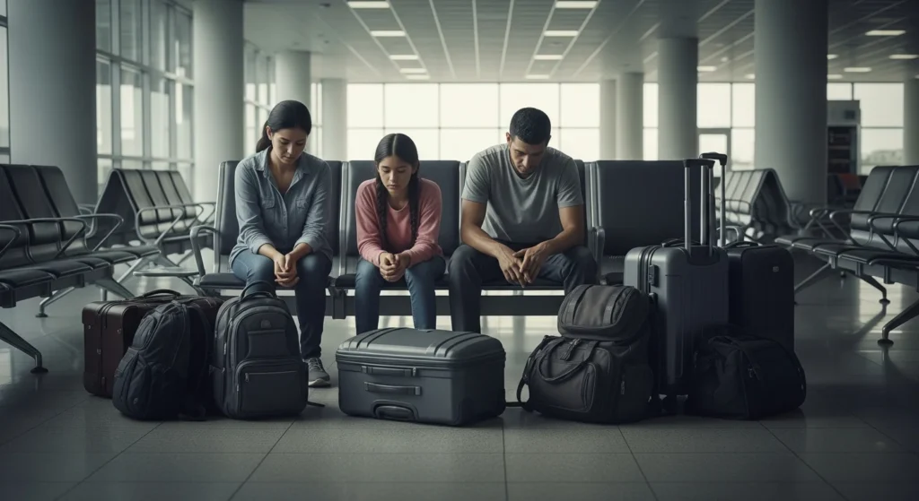 suspensão voos Venezuela, voos cancelados, crise aérea Venezuela, reencontros familiares, viagens fim ano, migração venezuelana, isolamento Venezuela, política internacional 1 Família venezuelana desesperada em terminal vazio, refletindo suspensão de voos que isola Venezuela