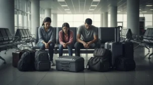 Família venezuelana desesperada em terminal vazio, refletindo suspensão de voos que isola Venezuela