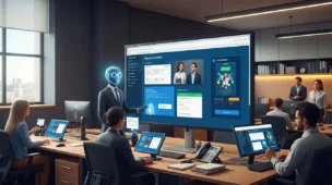 Atendente digital na Receita Federal com telas de solicitação de atestados e fluxo eletrônico