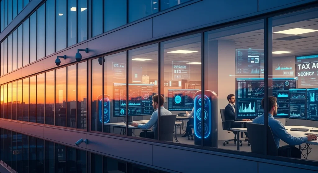 Receita Federal: Cruzamento de Dados PIX e Cartão de Crédito Aumenta Fiscalização e Gera Alerta para Brasileiros 1 Cena de uma agência da Receita Federal ao pôr do sol com computadores e equipe atenta, destacando o cruzamento de dados.
