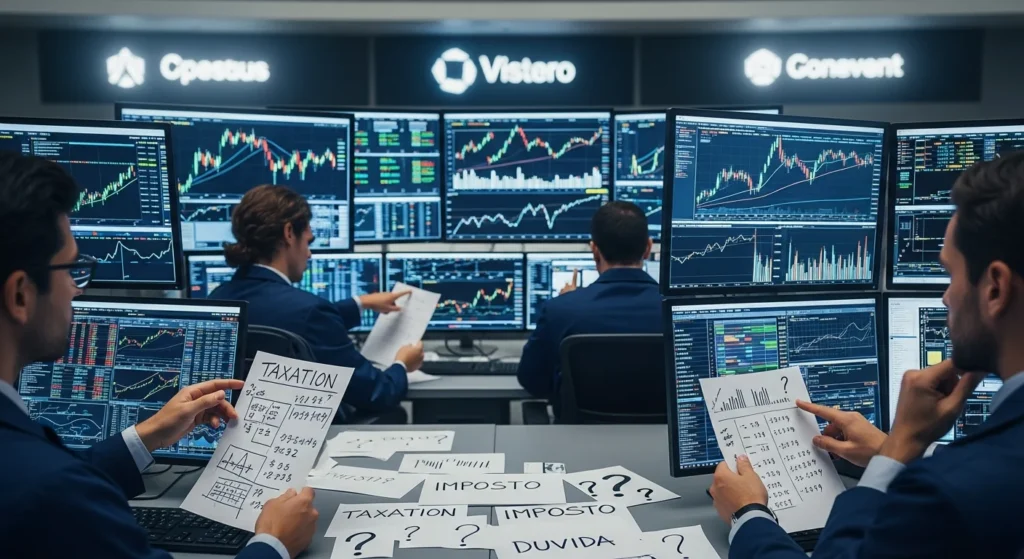 Imagem horizontal de 1536x1024 com fundos de investimento, gráficos financeiros, telas de computadores e pessoas analisando dados, transmitindo dúvida sobre fundos investimento podem virar tributar.