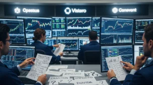 Imagem horizontal de 1536x1024 com fundos de investimento, gráficos financeiros, telas de computadores e pessoas analisando dados, transmitindo dúvida sobre fundos investimento podem virar tributar.