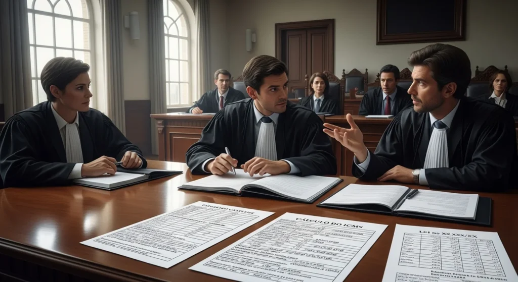 Imagem de tribunal com juízes e advogados discutindo sobre reforma tributária IBS CBS, com documentos e fórmulas fiscais na mesa.