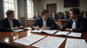 Imagem de tribunal com juízes e advogados discutindo sobre reforma tributária IBS CBS, com documentos e fórmulas fiscais na mesa.