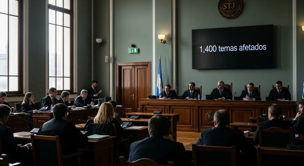 Imagem da sala de audiência do STJ com juízes e advogados, destaque para painel com '1.400 temas afetados' forte destaque.