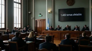Imagem da sala de audiência do STJ com juízes e advogados, destaque para painel com '1.400 temas afetados' forte destaque.