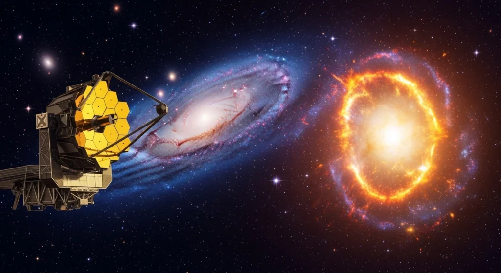 Imagem do James Webb flagra 1, uma supernova no espaço com galáxia, cores azul, roxo e laranja