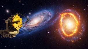 Imagem do James Webb flagra 1, uma supernova no espaço com galáxia, cores azul, roxo e laranja