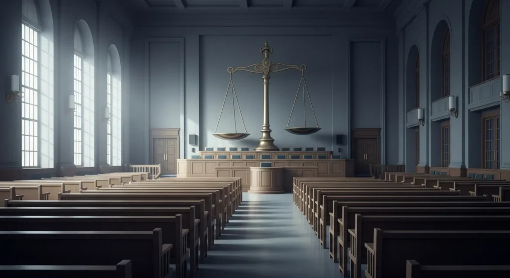 Imagem da capa retratando uma sala de tribunal vazia com balança inclinada, simbolizando a moratória de precatórios do EC 136/2025.
