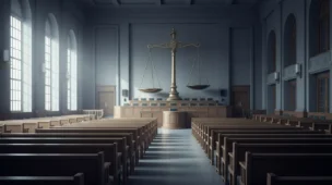 Imagem da capa retratando uma sala de tribunal vazia com balança inclinada, simbolizando a moratória de precatórios do EC 136/2025.