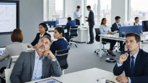Cena de escritório com profissionais em reunião, expressando dúvida sobre autoridade real dos diretores gerentes.