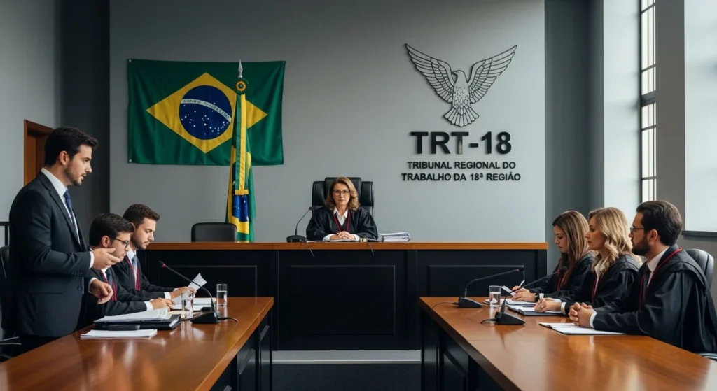 Cena de tribunal em Goiás com juíza e advogados, destaque para bandeira do Brasil e logotipo TRT-18