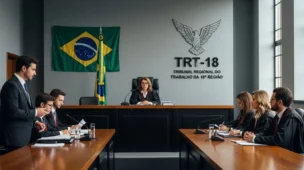Cena de tribunal em Goiás com juíza e advogados, destaque para bandeira do Brasil e logotipo TRT-18