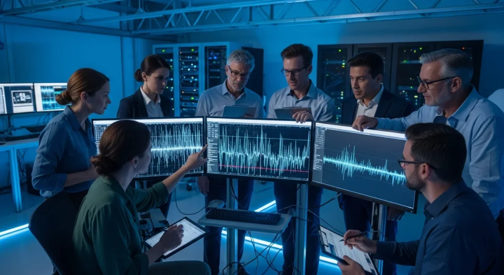 Imagem de uma sala de pesquisa com engenheiros e neurocientistas observando monitores de EEG na descoberta revolucionária identificando o sono
