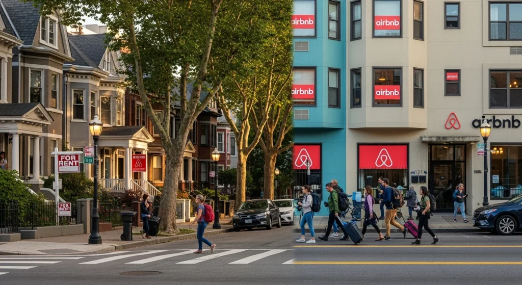 Rua urbana mostrando imóveis tradicionais e apartamentos com placas de Airbnb, turistas e moradores, destacando 'airbnb vs aluguel tradicional'