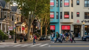 Rua urbana mostrando imóveis tradicionais e apartamentos com placas de Airbnb, turistas e moradores, destacando 'airbnb vs aluguel tradicional'