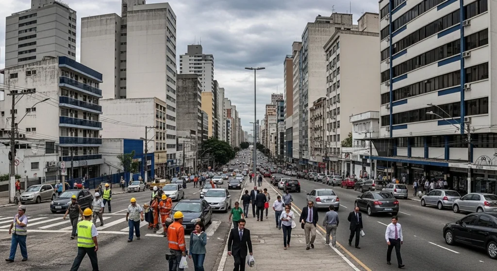 Imagem de uma cidade brasileira com trabalhadores, empresários, veículos e edifícios, refletindo reforma tributária na locação de imóveis.