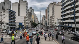 Imagem de uma cidade brasileira com trabalhadores, empresários, veículos e edifícios, refletindo reforma tributária na locação de imóveis.