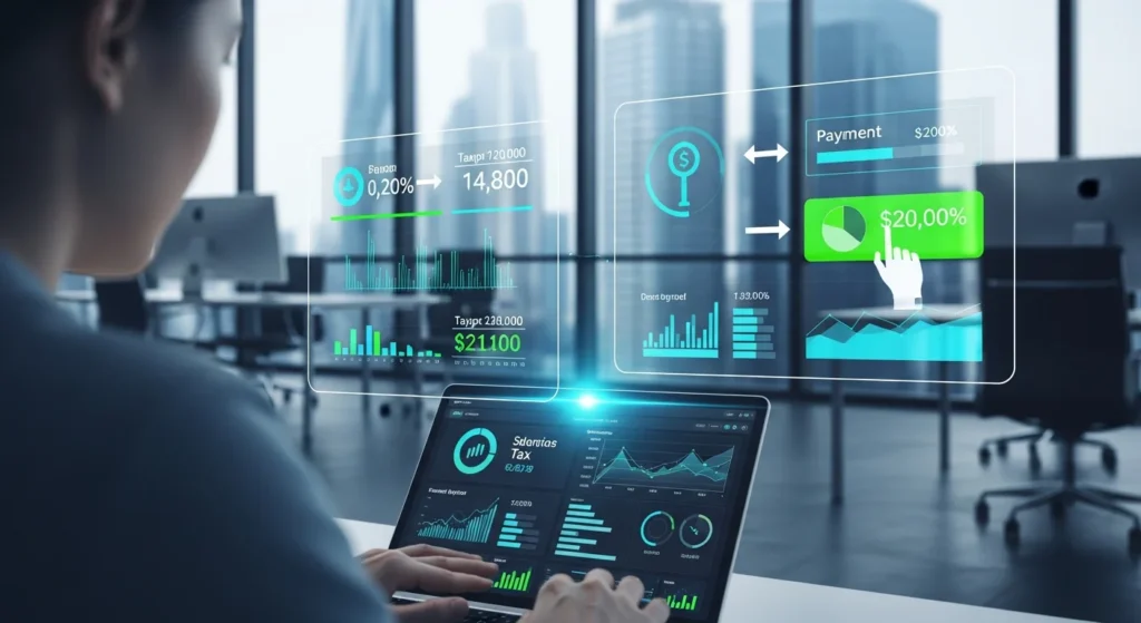 Pessoa usando dispositivo eletrônico em escritório moderno com gráficos e elementos digitais sobre pagamentos, destacando split payment entenda 3