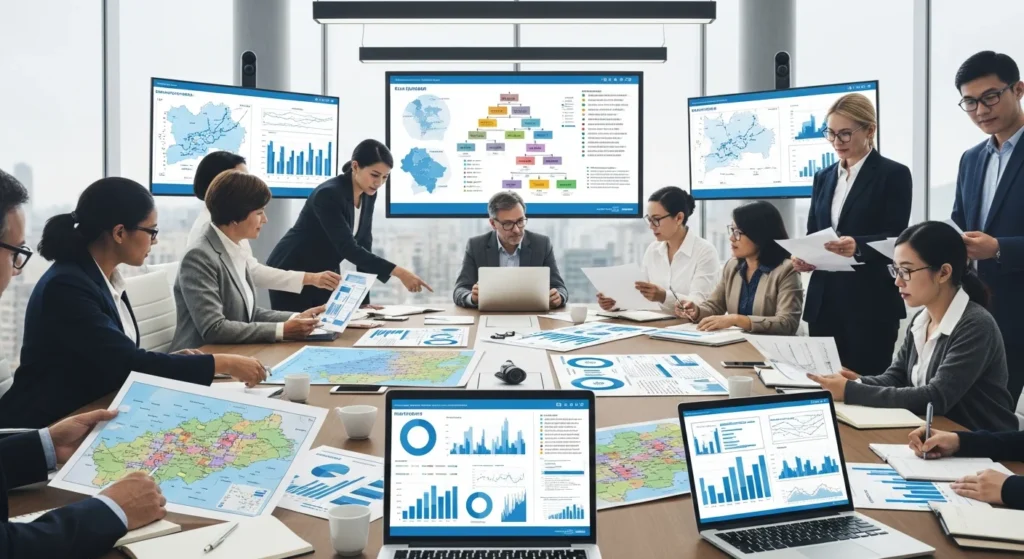 Imagem de reunião com representantes fiscais analisando mapas e gráficos sobre IBS e CBS